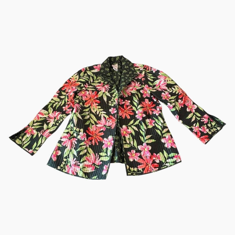 Appleseed’s Green & Pink Quilted Floral Jacket Medium 100% Cotton Double Sided